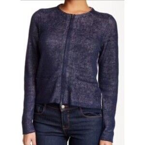Eileen Fisher Blue Organic Linen Full Zip Double Knit Cardigan Sweater XX Small